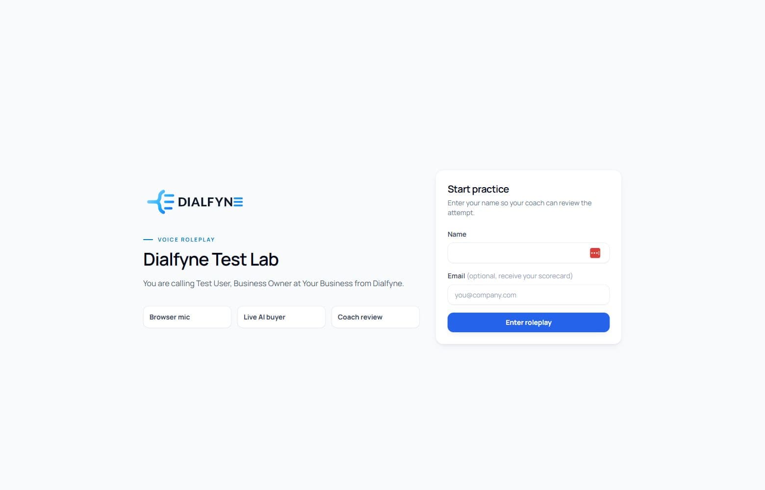 The live Dialfyne roleplay test lab showing the setup form for a practice conversation